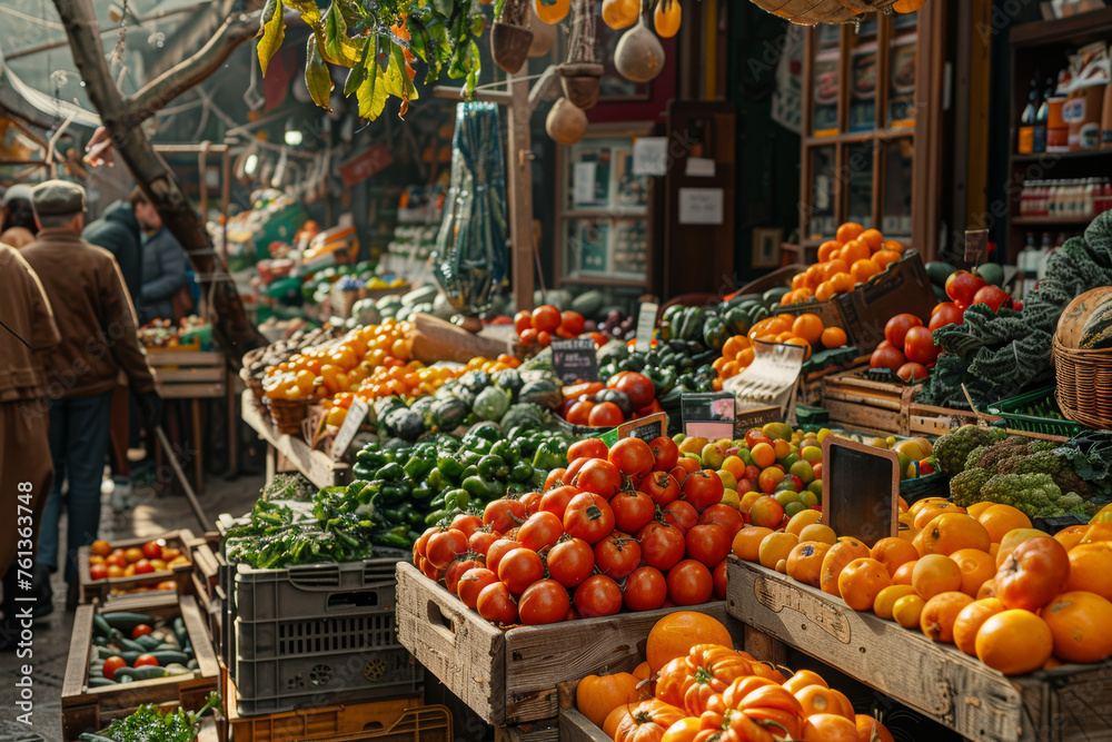 A bustling farmers' market brimming with fresh produce, artisanal crafts, and lively conversations. Concept of community and local abundance. Generative Ai.
