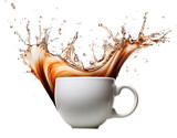 A white coffee cup with a splash of coffee on it