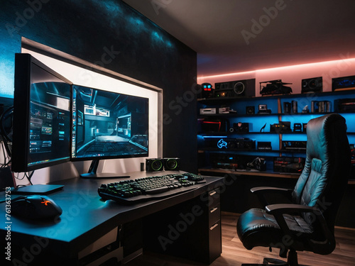Modern game room with a computer desktop and a monitor - a programmer's workplace