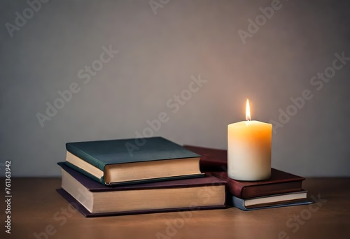 a stack of books sitting next to a lit candle