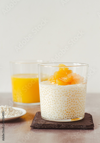 Tapioca pudding with vegan milk and exotic fruits compote