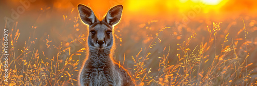 Photo of Kangaroo in Tall Grass at Sunset, Cute deer grazing on meadow, looking at camera, at sunset
