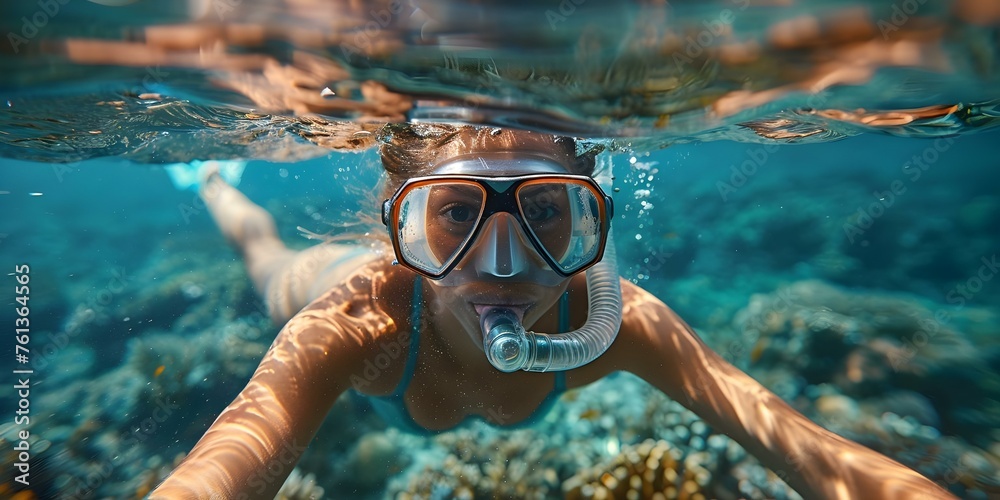 Naklejka premium Snorkeler with mask exploring marine life in blue tropical ocean. Concept Underwater Photography, Snorkeling Adventure, Marine Ecosystems, Blue Ocean Exploration, Tropical Aquatic Life