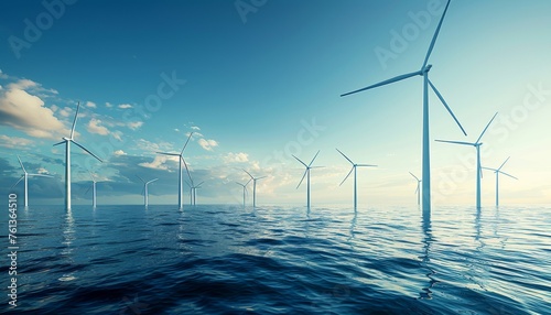 Offshore wind farm generating clean energy in vast blue ocean and sky with white turbines