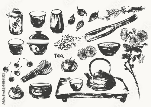 Hand drawn ink sketch of teapot, tea cups, tray, scoop, whisk, fruits, flowers traditional japanese sumi-e style