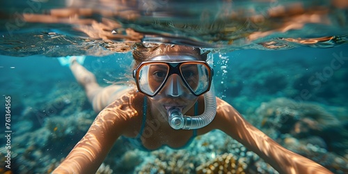Snorkeler with mask exploring marine life in blue tropical ocean. Concept Underwater Photography, Snorkeling Adventure, Marine Ecosystems, Blue Ocean Exploration, Tropical Aquatic Life