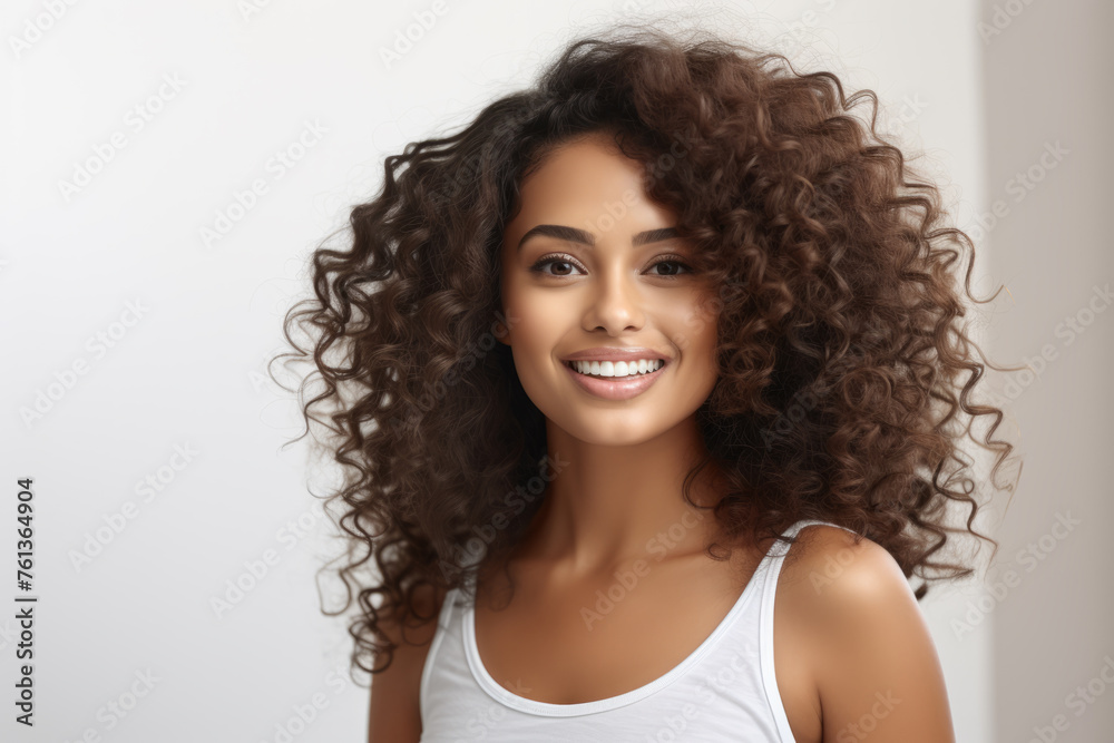 Woman with curly hair is smiling and posing for picture Woman with curly hair is smiling and posing for picture