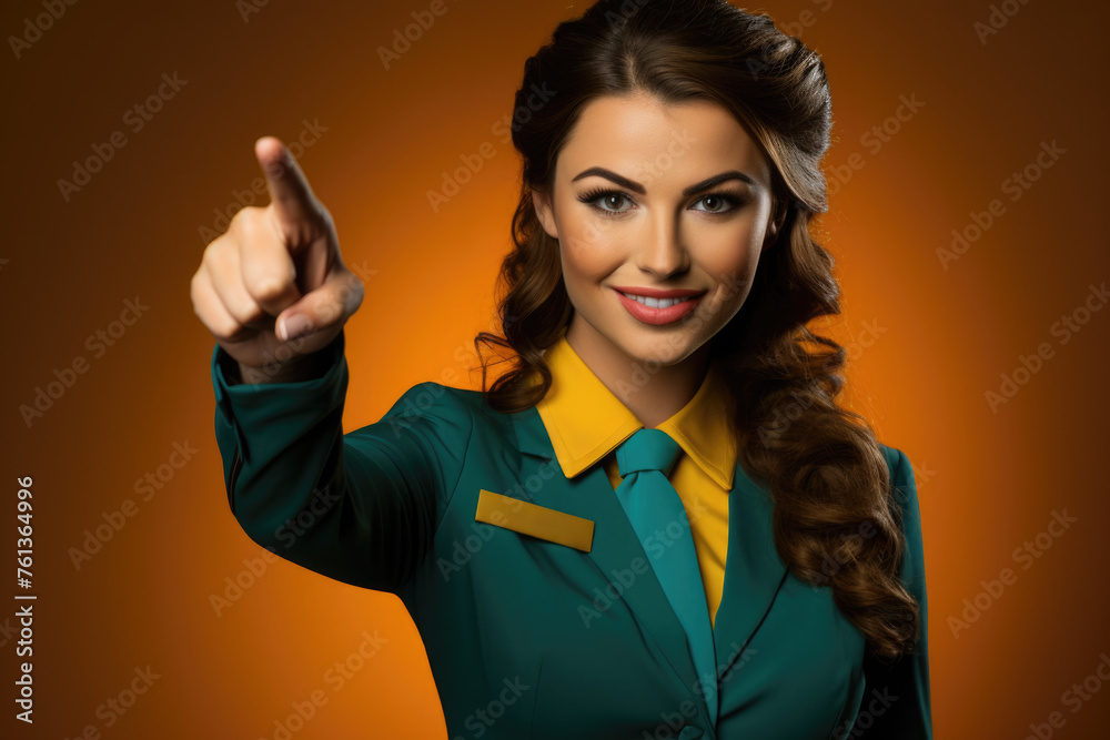 Woman in green and yellow outfit is pointing to something Woman in green and yellow outfit is pointing to something