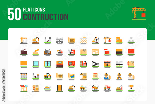 Set of 50 Construction Icons related to Construction Site, Excavation, Paintbrush. Flat Icon Collection