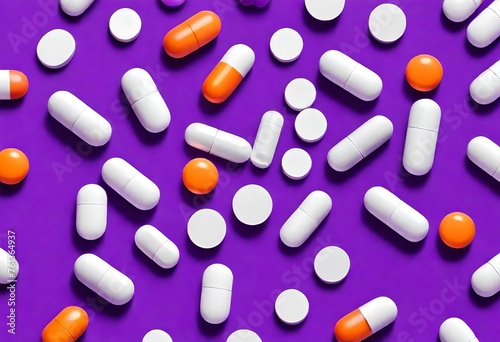 a group of pills and tablets on a purple background