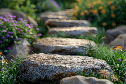 A series of stepping stones meandering through a wild grass meadow, inviting exploration and emphasizing natural pathways. Concept of garden design with natural walkways. Generative Ai.