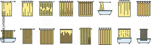 Shower curtain icons set outline vector. Water bathroom. Care tub thin line color flat isolated