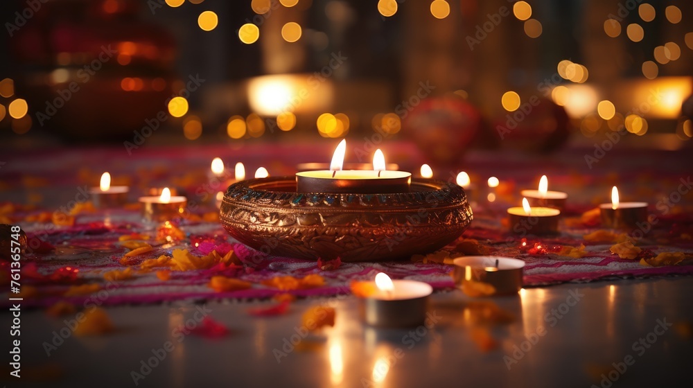 Illuminated Golden Oil Lamp (Diya) with String Light at Floor on the Occasion of Hindu Festival. Illuminated Golden Oil Lamp (Diya) with String Light at Floor on the Occasion of Hindu Festival.