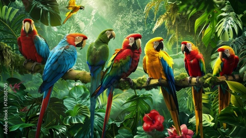Vibrant Parrots Group on Tropical Rainforest Branch - Exotic Birdwatching © AnimalAI