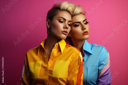 Lesbian couple portrait in LGBTQ rainbow flag colors. Pride Month concept.