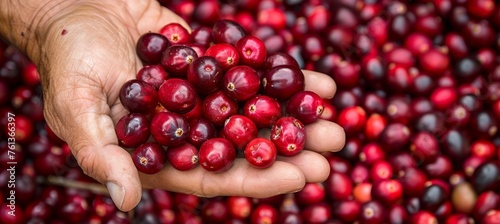 Hand holding fresh cranberries with selection on blurred background, copy space available photo