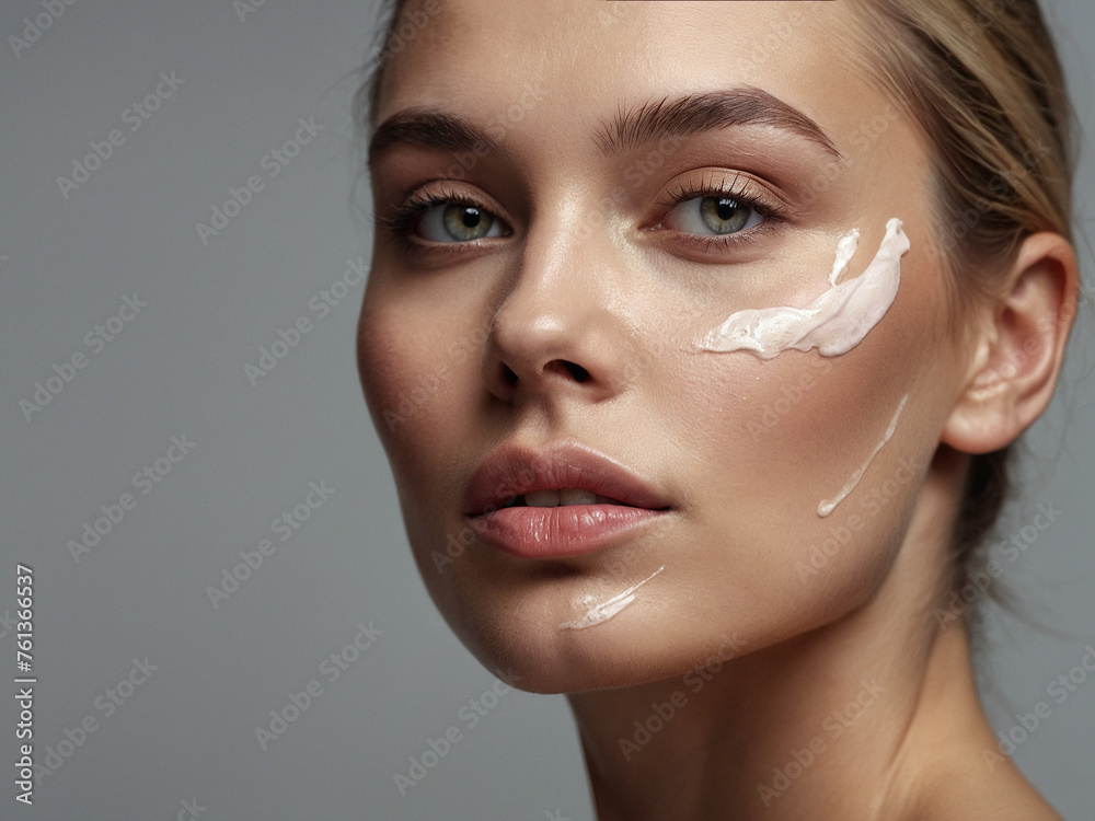 Beauty portrait of a beautiful model with cream on her face Photo skin care and cosmetics