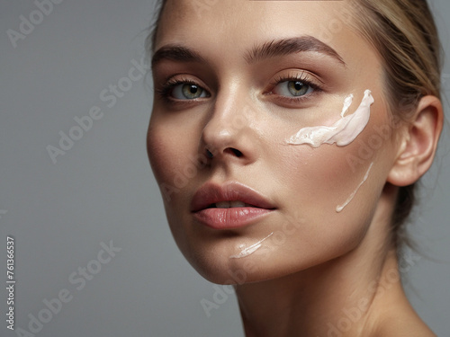 Beauty portrait of a beautiful model with cream on her face Photo skin care and cosmetics