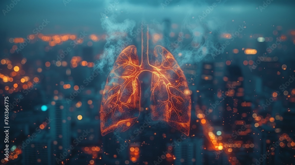 Human lungs in smoke on city background - obrazy, fototapety, plakaty 