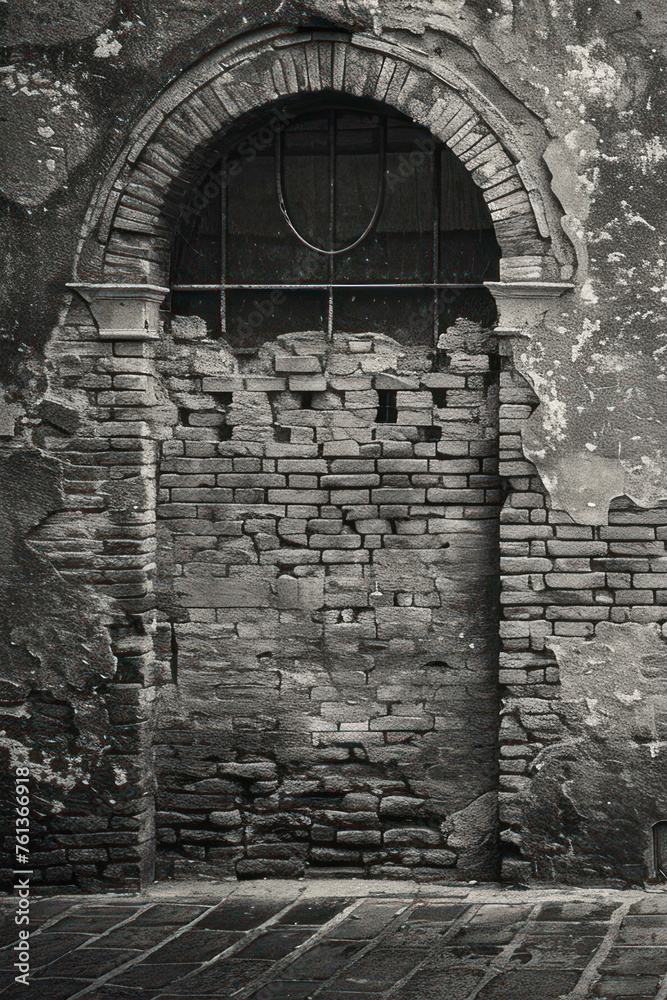 Fototapeta premium Vertical An old textured brick wall with blocked windows and arched doorways in monochrome.