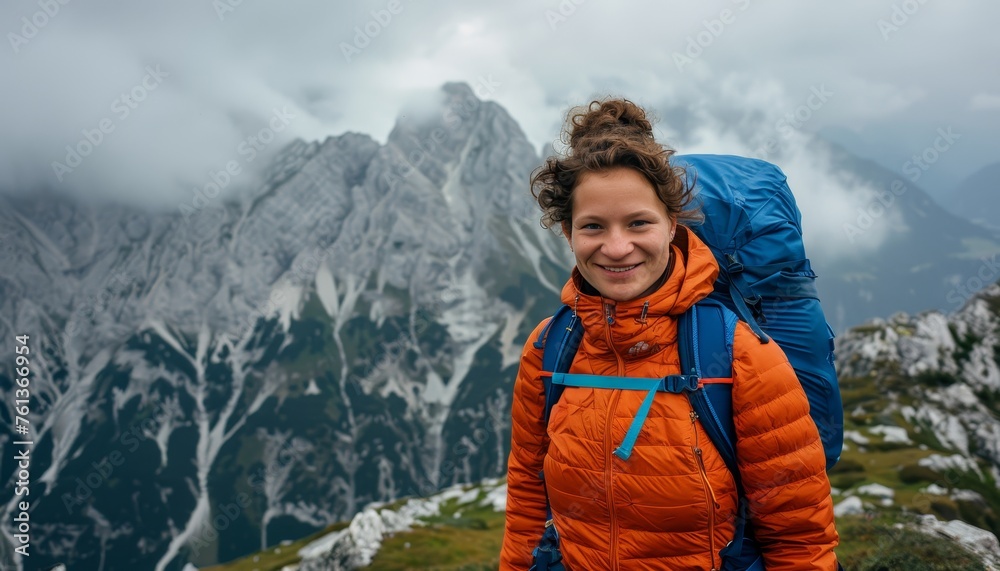 Happy active senior woman smiling while hiking on a beautiful mountain trail adventure