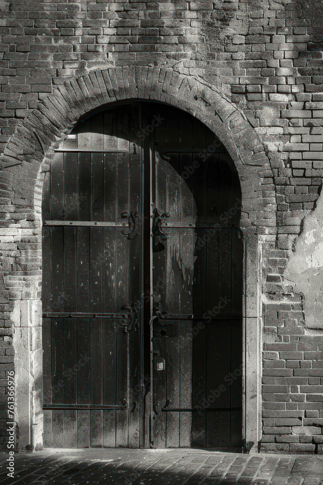 Vertical An old textured brick wall with blocked windows and arched doorways in monochrome.