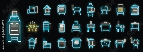 Smokehouse icons set outline vector. Food fish. Meat beef neon color isolated