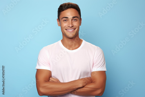 Man with white shirt and blue background