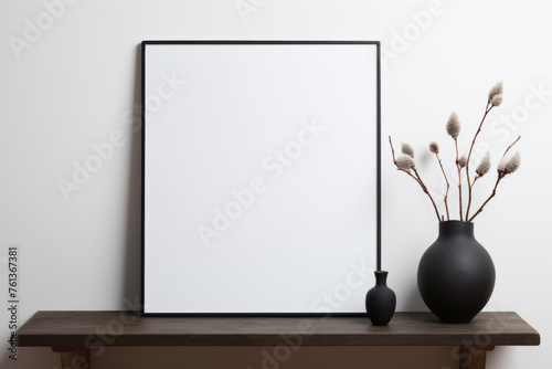 Black vase with flowers sits on shelf next to white frame