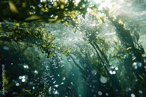 Blurry underwater scene with green plants and bubbles