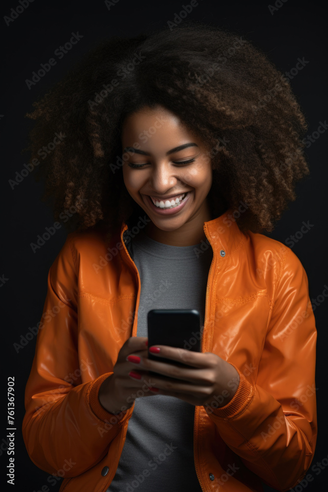 Woman with curly hair is smiling while holding cell phone Woman with curly hair is smiling while holding cell phone