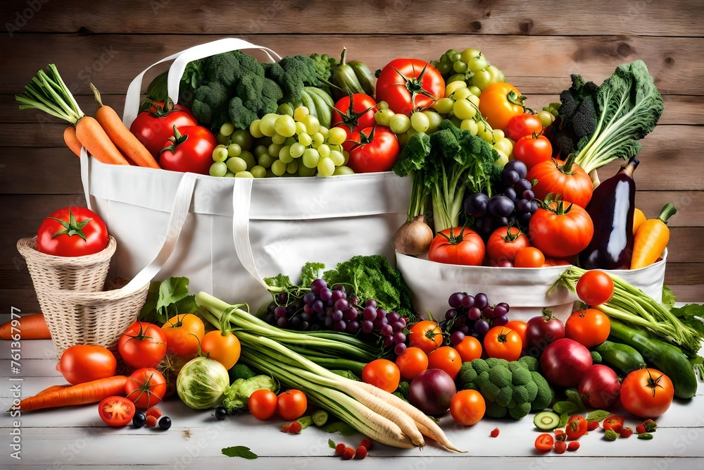 fresh vegetables on the market, Immerse yourself in the vibrant world of fresh produce with an AI-generated image showcasing an assortment of organic fruits and vegetables nestled in a white tote eco 
