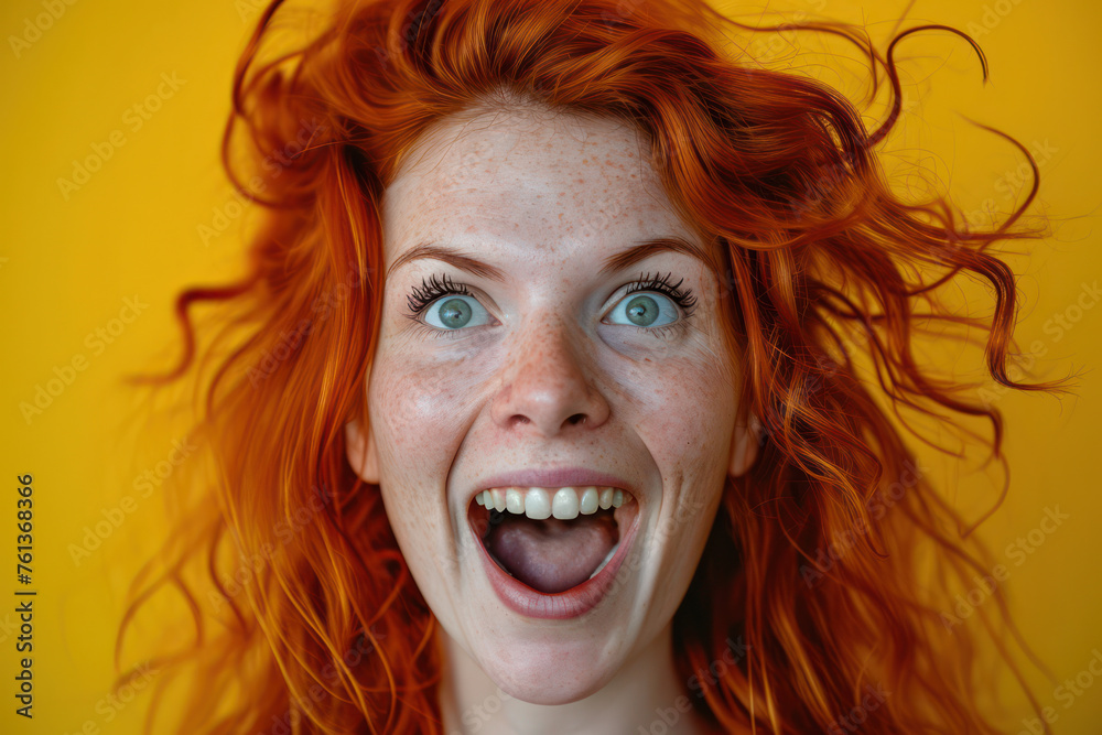 Happy Redheaded Woman with Bright Smile, Expressive Curly Hairstyle, and Cheerful Emotion Looking Stunningly Pretty against a White Background