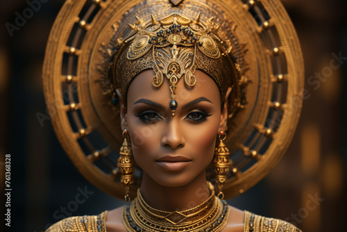 Woman wearing gold headpiece and gold earrings