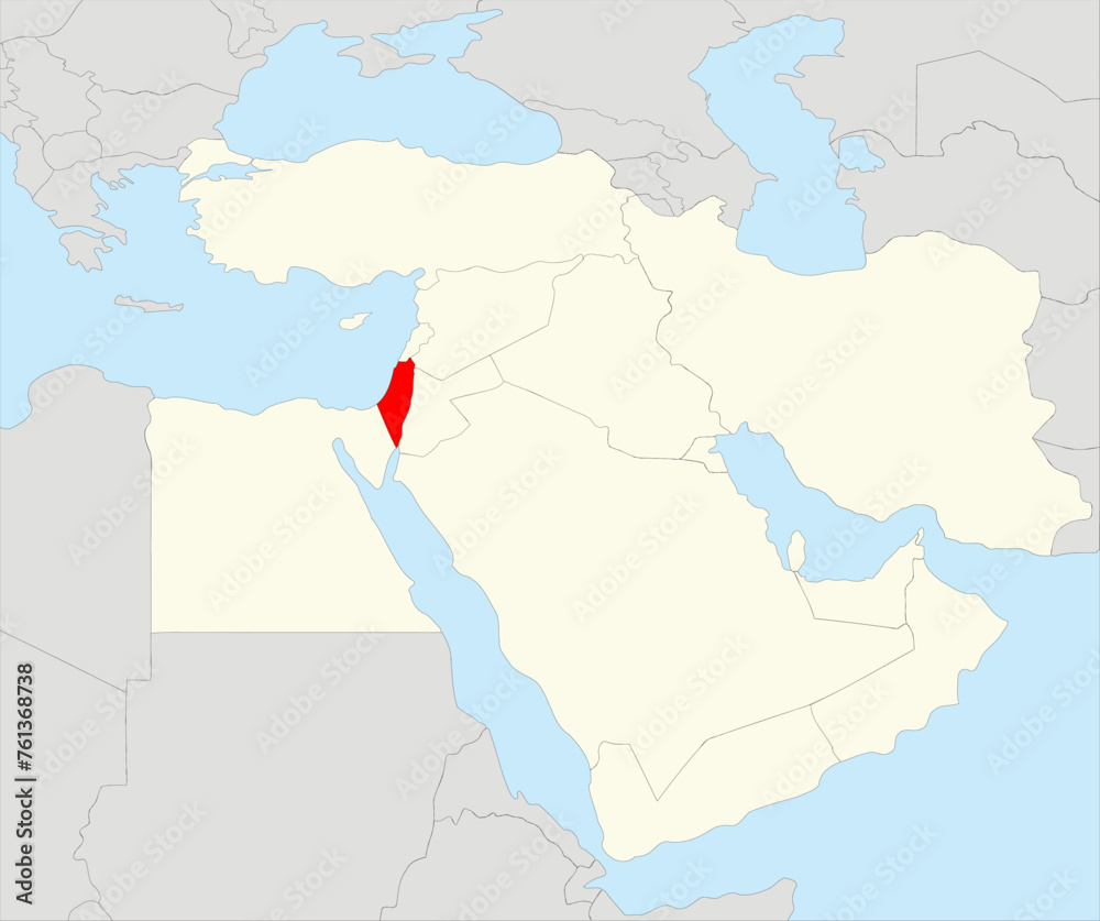 Obraz premium Red simple CMYK blank political map of ISRAEL with black national country borders on gray continent background and blue sea surfaces using orthographic projection of the highlighted beige Middle Eas