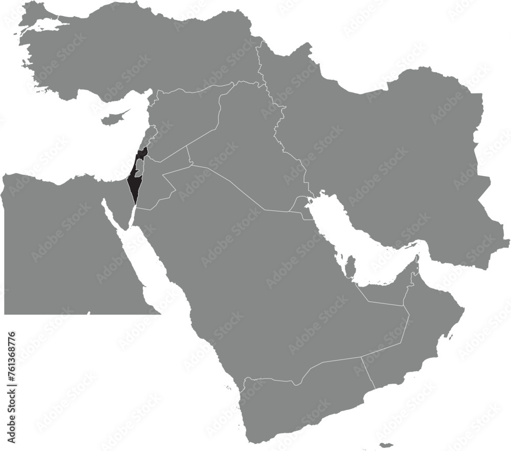 Fototapeta premium Black detailed CMYK blank political map of ISRAEL with white national country borders on transparent background using orthographic projection of the gray Middle East