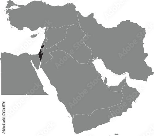  Black detailed CMYK blank political map of ISRAEL with white national country borders on transparent background using orthographic projection of the gray Middle East