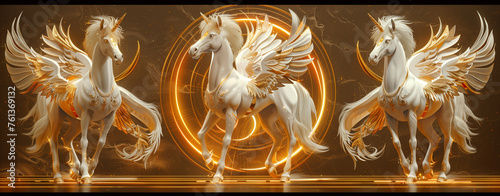  3D design, three views of the same white winged horse in gold and silver styles, golden background