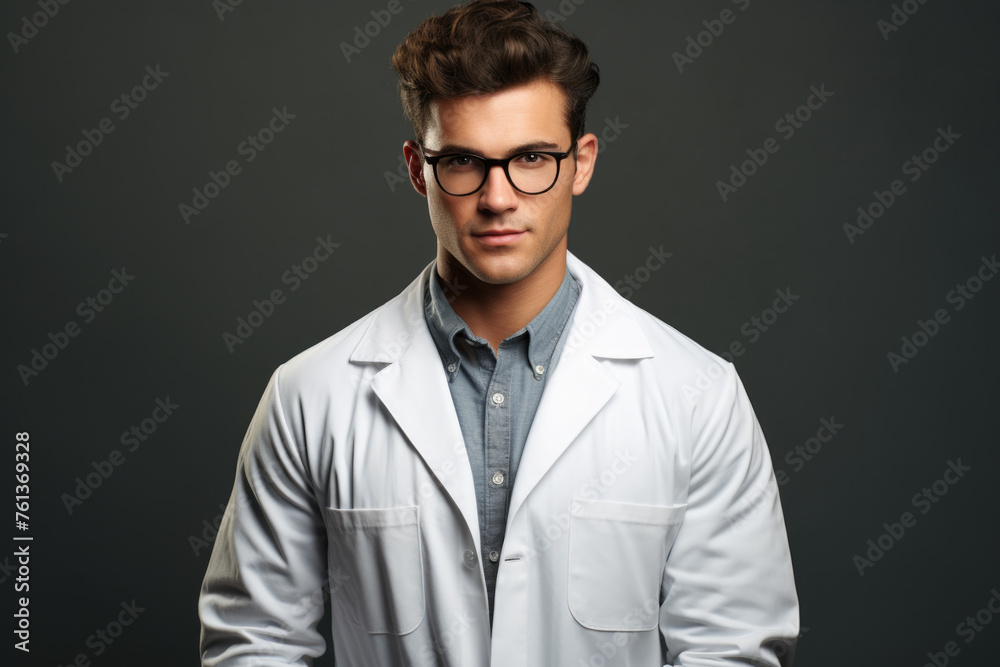 Man in white lab coat and glasses is standing in front of gray background Man in white lab coat and glasses is standing in front of gray background