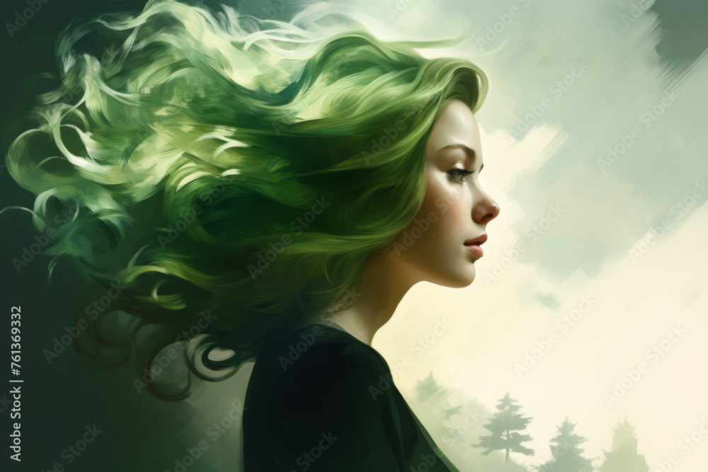 Woman with long green hair is main focus of image