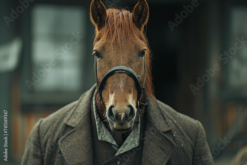 A character in formal clothing featuring a horse's head, representing diligence and hard work in corporate settings. Concept of industriousness. Generative Ai.