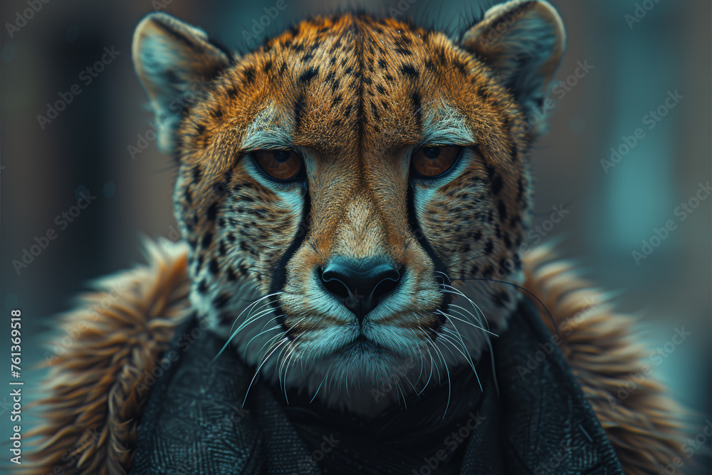Obraz premium A person in a suit featuring a cheetah's head, illustrating speed and agility in decision-making. Concept of swift business strategies. Generative Ai.