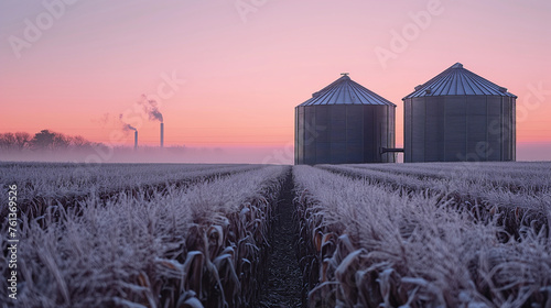 Frost-covered grain bin silos at dawn, with the first autumn freeze over a field of harvested corn, showcasing seasonal changes in farming, with copy space