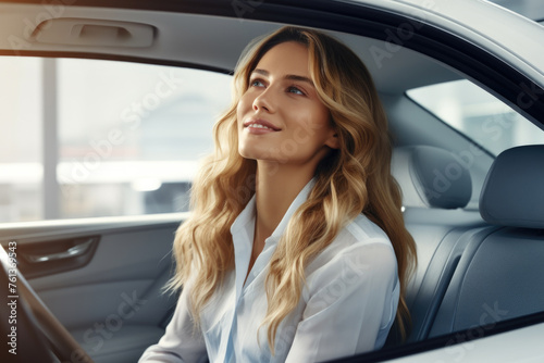 Woman with long blonde hair is driving car and smiling © vefimov