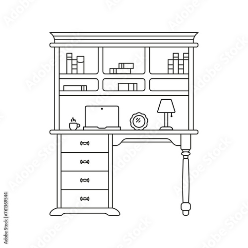 Bookshelves with table vector icon. Linear concept of home furniture icons. Outline of a book table. Workplace vector. Computer desk nightstand vector. A lamp on a bedside table.