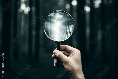 Hand holding magnifying glass in dark forest