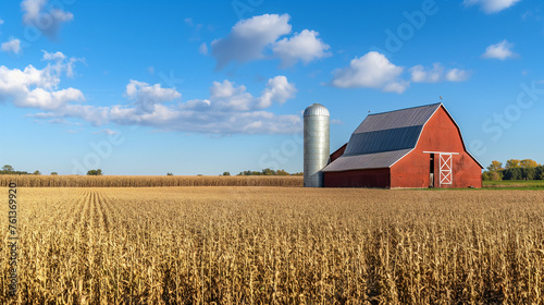 A rustic barn and grain bin silos standing together in harmony within a vast matured corn crop, embodying traditional and modern farming methods, with copy space