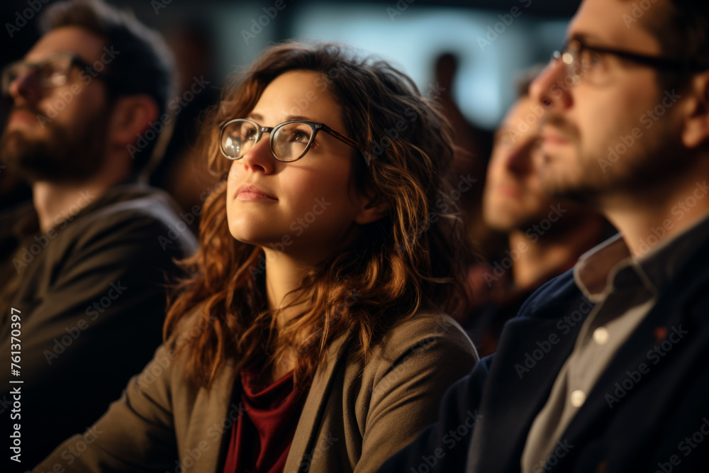 Woman with glasses is sitting in crowd of people