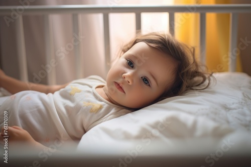 A baby girl laying in a white crib, surrounded by comfort and security. Fictional character created by Generated AI.  photo