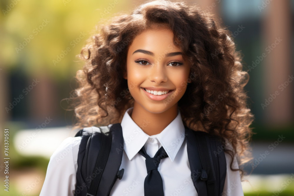 Young woman with curly hair is smiling and wearing white shirt Young woman with curly hair is smiling and wearing white shirt